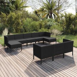 10 Piece Patio Lounge Set with Cushions Poly Rattan Black